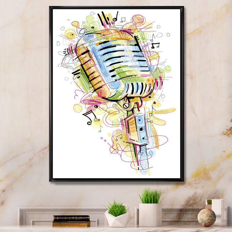 Microphone musical, dessin abstrait - peinture, H 32 po x l 16 po x P 1 po, Cadre flottant noir