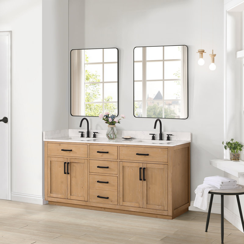 Ensemble de meuble-lavabo double avec miroir Gavino, Marron clair, Noir, 72"