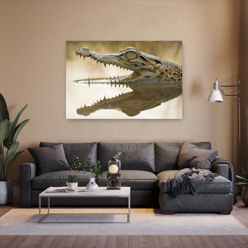 Crocodile Water Reflection Contemporary Alligator Crocodile Nature Portrait Wall Art Print 1 Piece Wrapped Canvas Wall Art