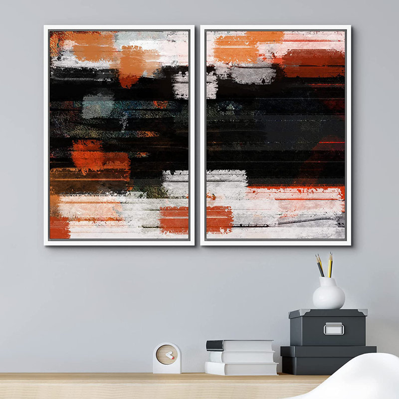 Grunge Abstract Paint Stroke Effect " Orange Black Grunge Stroke Collage " 2 - Pieces, 24" H x 36" W x 2" D