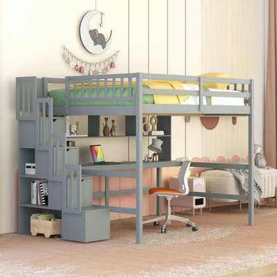 Full Size Loft Bed With Desk, Storage Shelves And Staircase,Grey