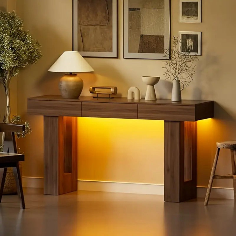 Console de 63 pouces de long avec lumières DEL et 3 tiroirs, table de canapé rectangulaire en bois derrière le canapé, table d'entrée de style campagnard pour l'entrée, couloir, salon (naturel)