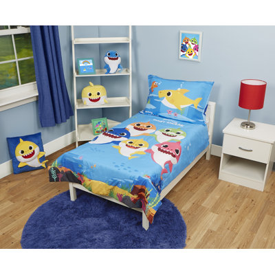  Baby Shark 4 Piece Toddler Bed Set - Includes Comforter, Fitted Bottom Sheet, Flat Top Sheet, Reversible Pillowcase