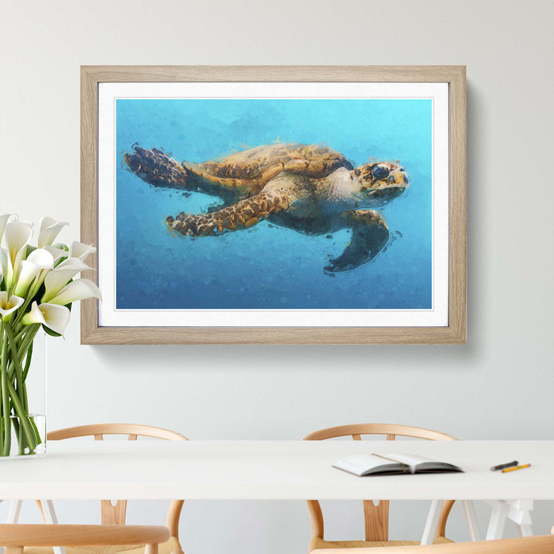 Swimming Sea Turtle in Abstract - Picture Frame Graphic Art Print, 27cm H x 36cm W x 2cm D, Oak Framed