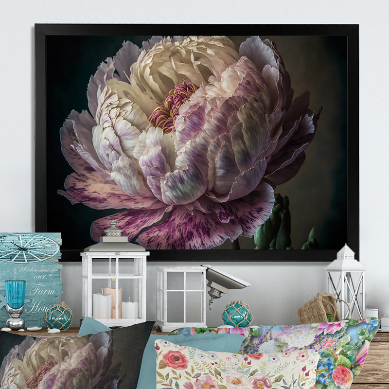 «Blossoming Pink and White Peony II», reproduction sur toile, Cadre simple noir, L 40 po x H 30 po