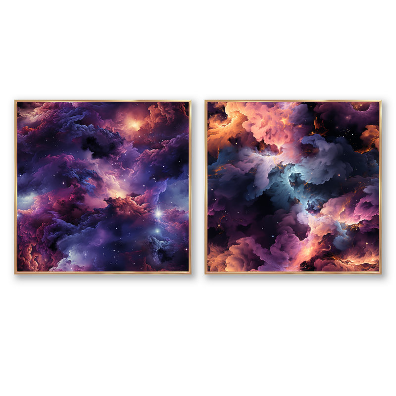 «Enchanted Nebula Moody» - Ensemble de 2 collages carrés abstraits, Cadre flottant doré, H 36 po x l 73 po