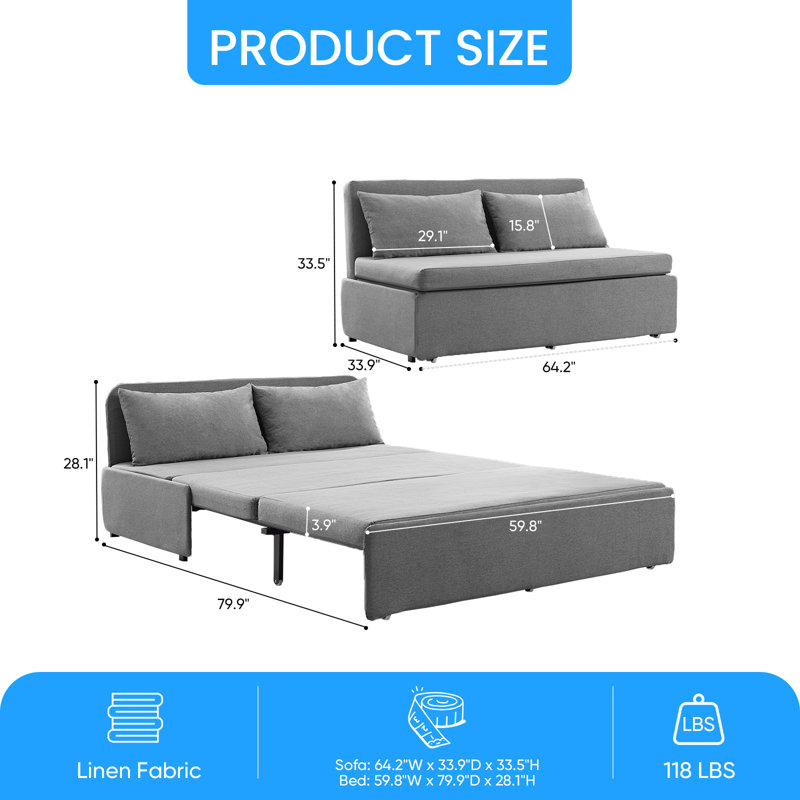 Armless Convertible Sofa Bed with Reversible Chaise & Linen Fabric, Gray