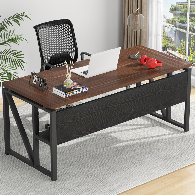 Bureau 63 pouces Moden Compute avec tablette de rangement, bureau d'écriture pour poste de travail, Noir, Marron foncé