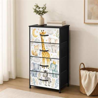 4-Drawer Dresser for Bedroom animals watercolor baby elephant lion zebra giraffe rhinoceros Small Tall Clothes Dresser for Closet Organizers with Chest of Drawers Fabric Storage Bins Dressers