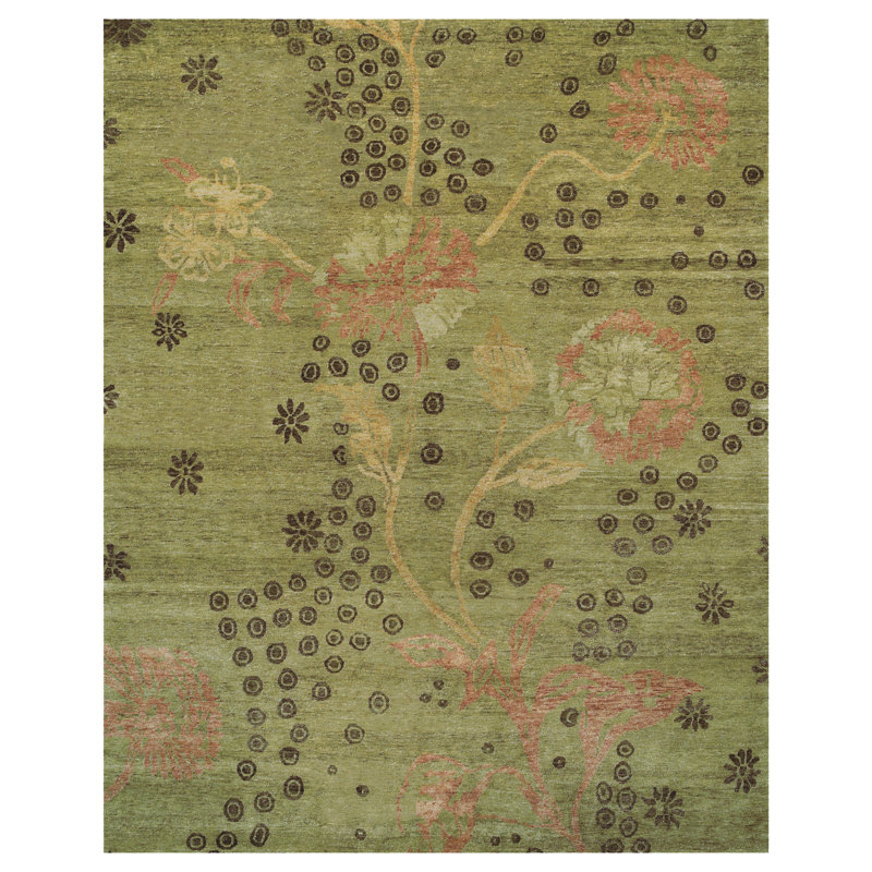 Wool Floral Area Rug in Green/Rust, Rectangle 4' x 6'