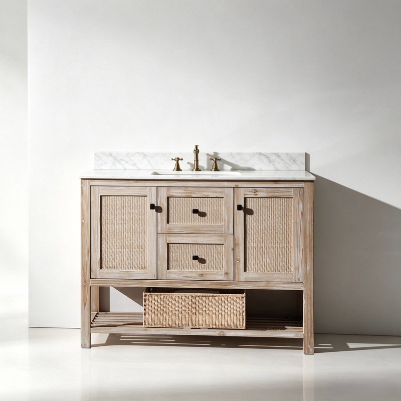 48" Freestanding Solid Wood White-Washed Single Bathroom Vanity with Carrara White Marble Top