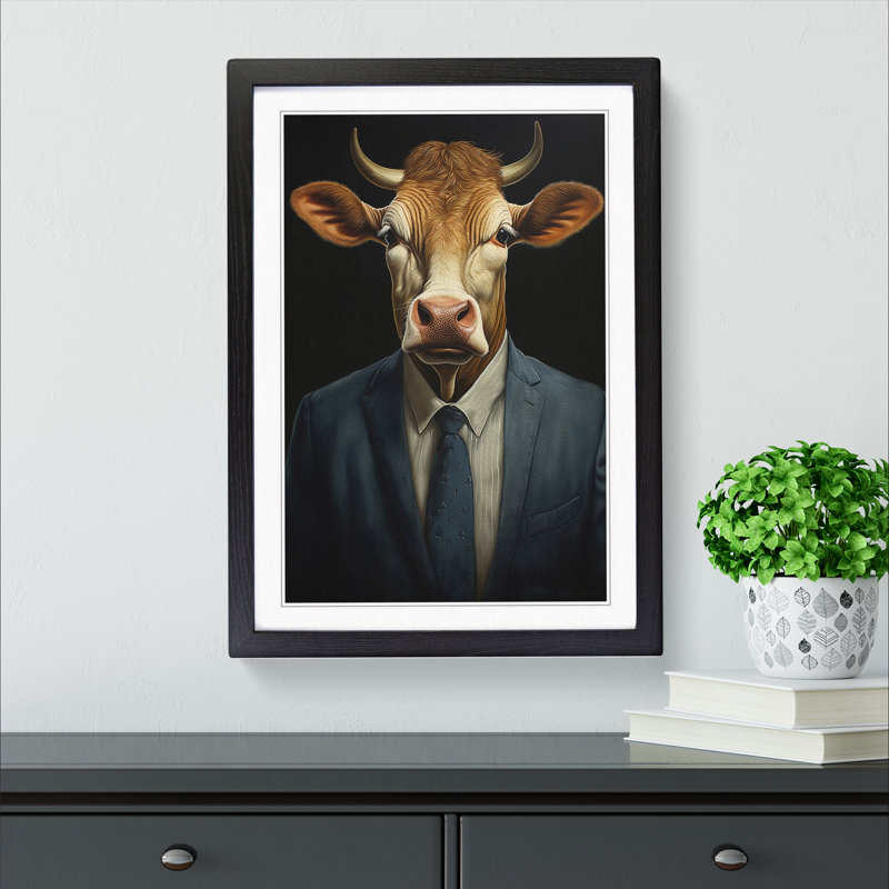 Cow In A Suit No.3 - Single Picture Frame Print on Wood, 34cm H x 25cm W x 2cm D, Black 