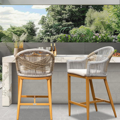 2pcs Outdoor Counter Height Bar Stools With Armrest & , Cushioned Seating, Aluminum Rope Element For Garden, Pool, Patio, Kitchen - Khaki Of 2 Living And Cushion Rope, Enhances Pool