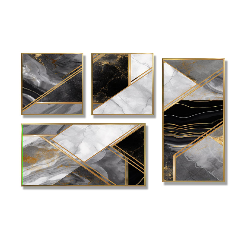 Marbre granit agate avec touches IV - art abstrait géométrique mural 4 pièces, Impression encadrée sans passe-partout, Doré