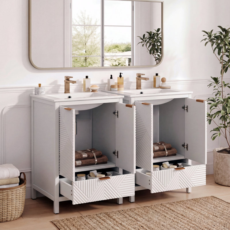 Ensemble de meuble-lavabo 48 po, meuble-lavabo moderne avec trou de robinet simple, panneaux de porte texturés et tiroir, pieds en pin, grand espace de rangement et charnières à fermeture douce, blanc