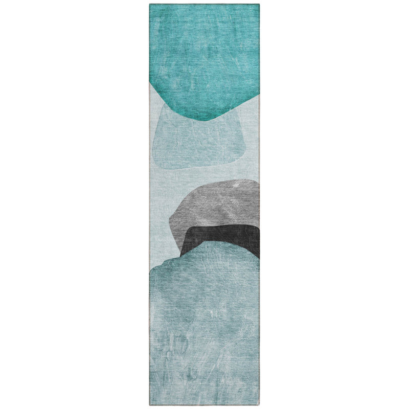 8' Runner Ivory Teal and Gray Abstract Washable Non Skid Indoor Outdoor Runner Rug