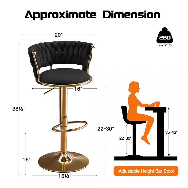 Velvet Swivel Bar Stools Set of 2, Modern Adjustable Height Barstools with Golden Metal Base for Kitchen Island, Black, Black