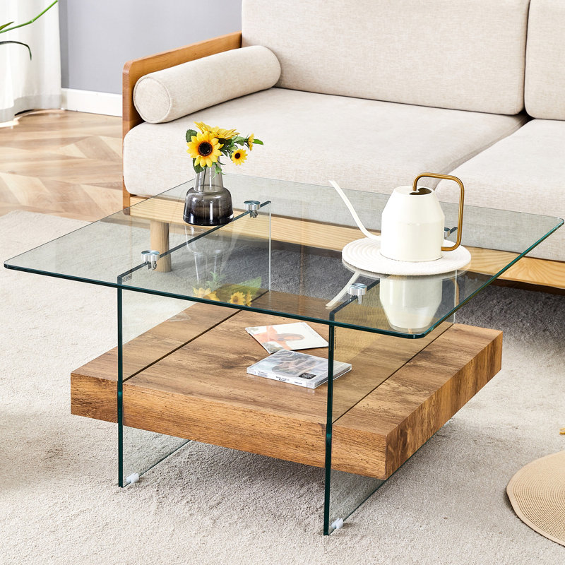 Table basse carrée 31,4 po Verre trempé transparent, autocollant en bois. Et option élégante pour la maison, texture transparente moderne, élément décoratif