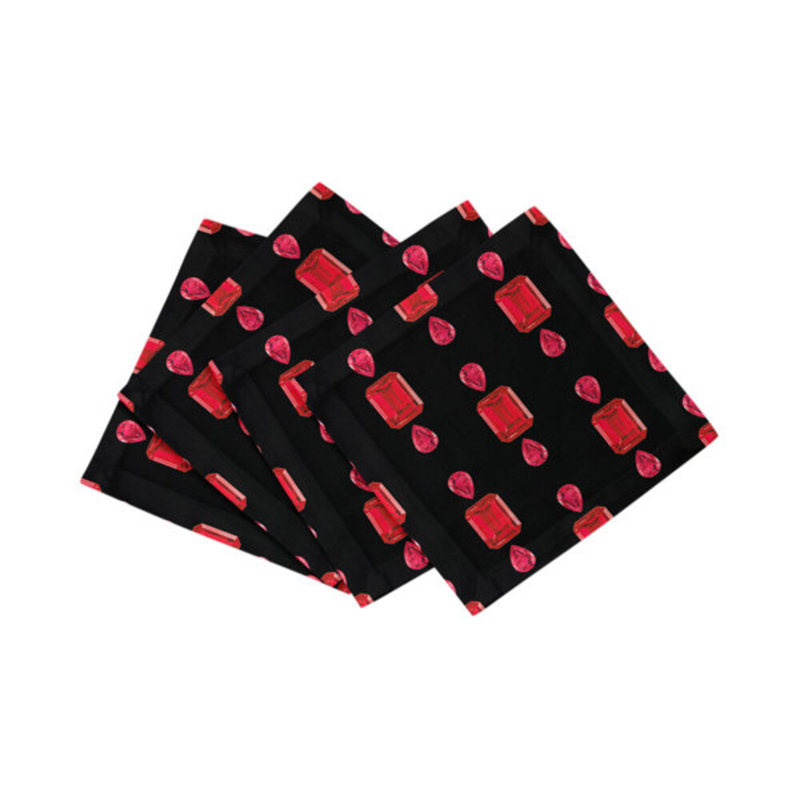 Gem Rubys Cotton Sateen Cocktail Napkins, Black