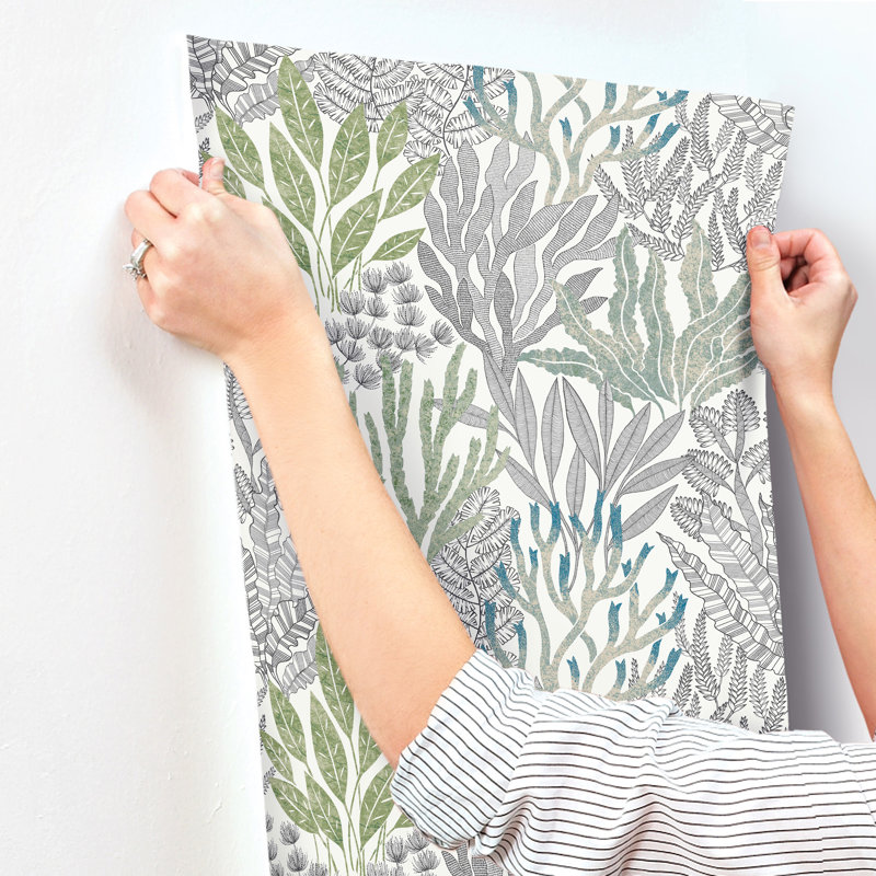 Coral Leaves Wallpaper Roll, Blue & Green