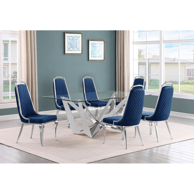 Ensemble de salle à manger rectangulaire L 78 po x l 42 po Keori, Bleu marin / Argent, 5, Argent