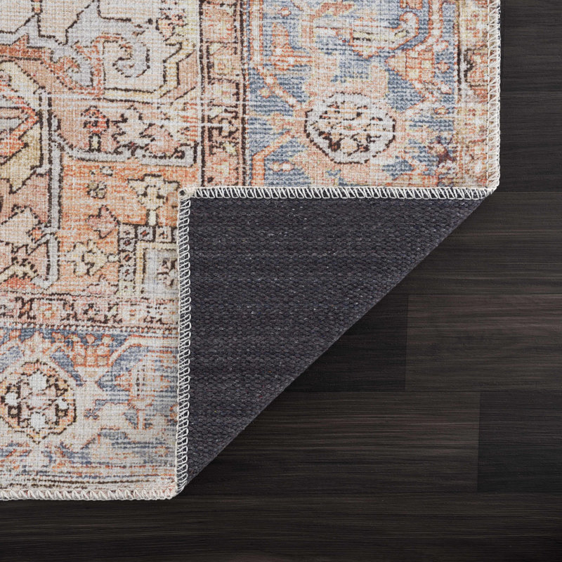 Rust and Blue Distressed Washable Polyester Runner Rug