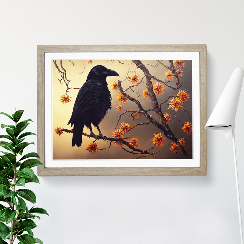 Eye Catching Crow Bird - Single Picture Frame Print, 25cm H x 34cm W x 2cm D, Oak Framed