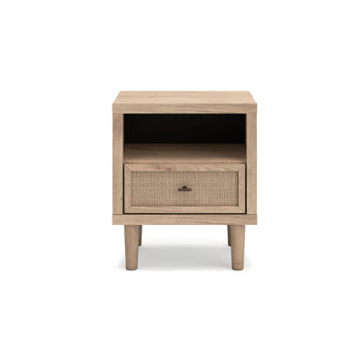 Table de chevet Ciel avec DEL USB, faux lin stratifié, tiroir à canne, brun chêne