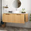 Meuble-lavabo de salle de bain, meuble-lavabo rayé à bords arrondis avec 2 tiroirs, lavabo rond en céramique avec motif en pierre et plateau en pierre frittée à motif de travertin, pré-assemblé, couleur grain de bois Natura-2019724158
