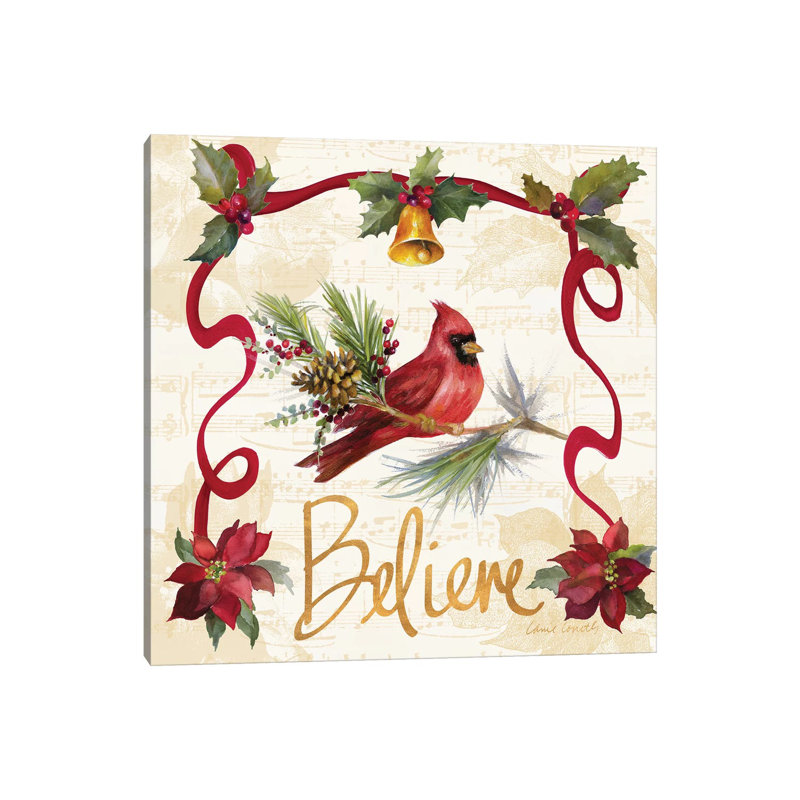 «Christmas Poinsettia Ribbon I» par Lanie Loreth - peinture sur toile tendue, H 12 po x l 12 po x P 0,75 po