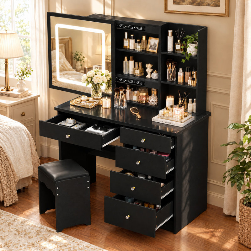 Glass Vanity with Mirror and Seat, Black