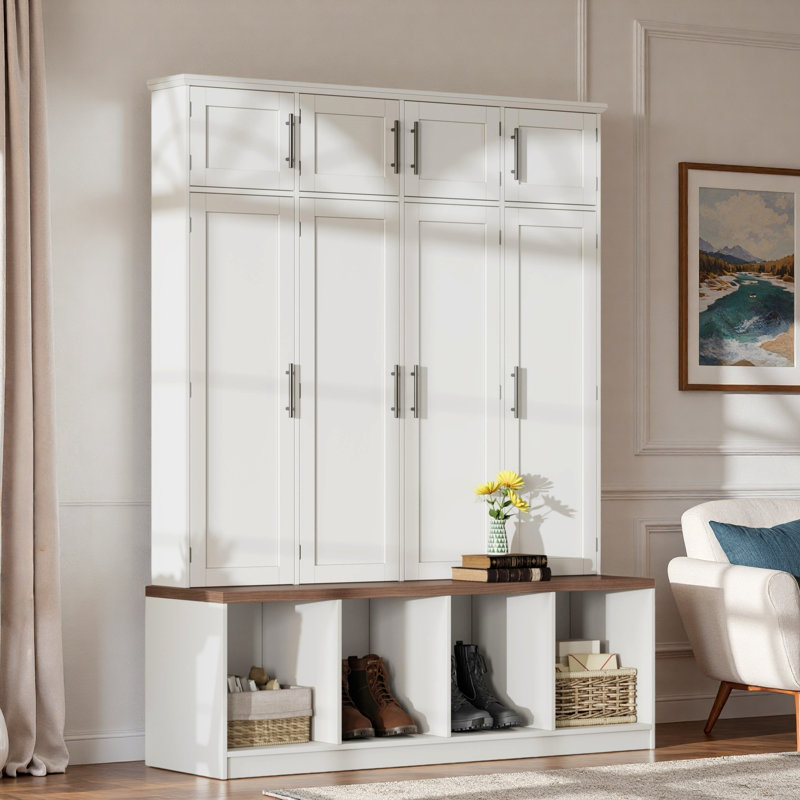 Farmhouse Hall Tree With 4 Hidden Hanging Hooks, Seating Bench, Storage Cabinet And Open Compartment, White