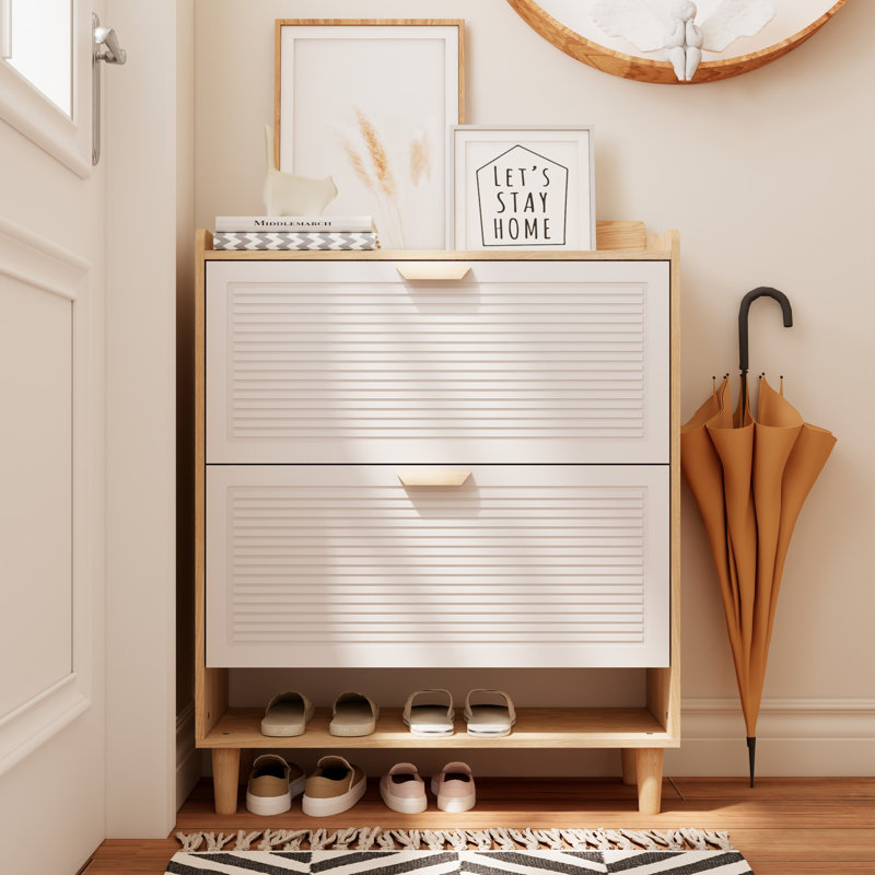 Armoire à chaussures de 31,5 pouces avec 2 tiroirs rabattables, conception nordique, pieds en bois massif, pour petits et moyens vestibules
