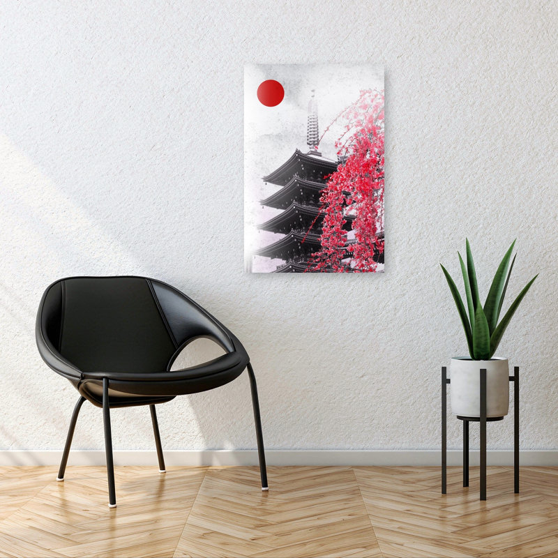 Japanese Pagoda Cherry Blossoms Contemporary Wall Art Print by Ariz Rab - Wrapped Canvas Print, 91.44cm H x 60.96cm W