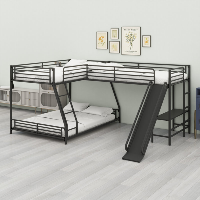L-Shaped Bunk Bed With Loft Bed,Built-In Desk And Slide
