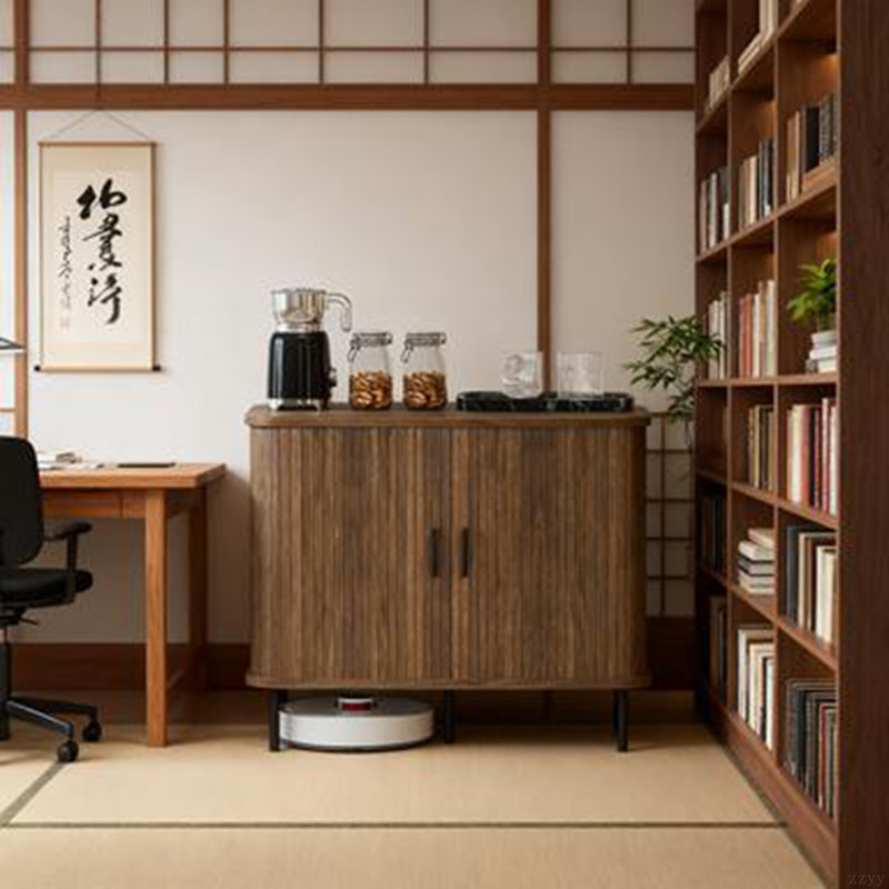 35.4" Sideboard Buffet Cabinet with Storage, Nordic Coffee Bar Cabinet with Slatted Tambour Doors and Metal Legs, Kitchen Credenza, Walnut,wood