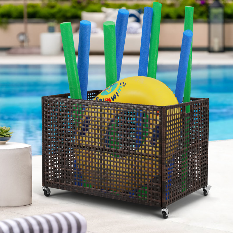 Poolside Float Storage Organizer, Pool Toy Storage Bin With Wicker Mesh Outdoor Pool Float Holder Storage Rack With Handle Rolling Pool Caddy Raft Cart For Pool Noodles Balls Floaty Equipment Brown