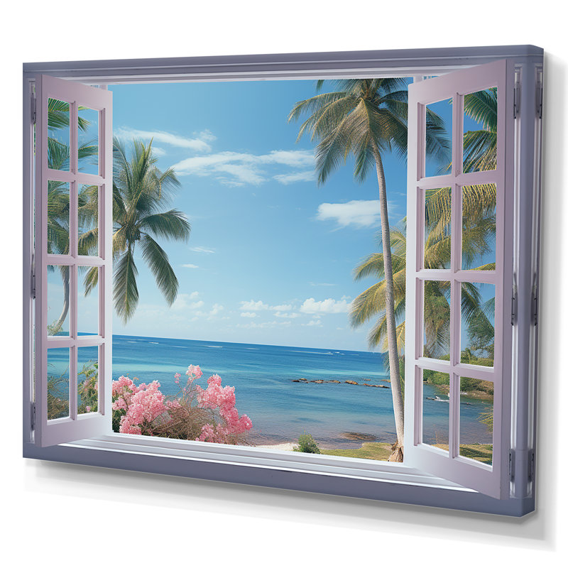 Vue sur l'océan tropical à travers une fenêtre blanche ouverte - art mural sur toile côtière, H 30 po x l 40 po x P 1,5 po