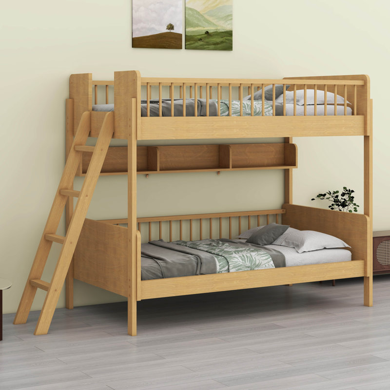 Twin Size Wooden Bunk Bed Frame - 3 Storage Shelves & Reversible Ladder (Left/Right), Natural