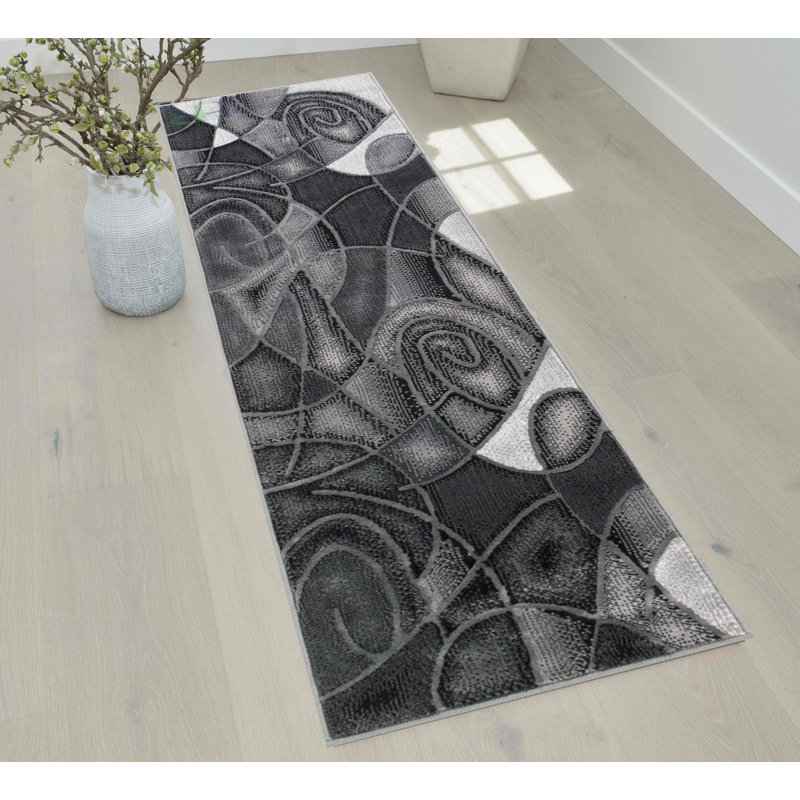 Tapis gris à motif abstrait Albrechtice, Tapis de couloir 2 pi x 7 pi
