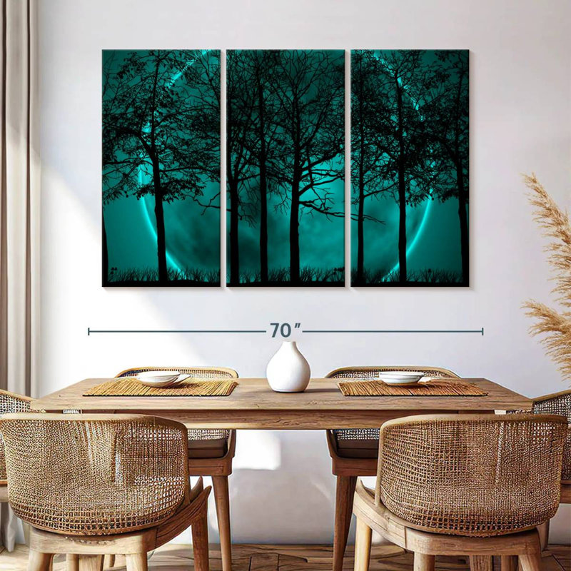 Silhouette de forêt turquoise sur toile, ensemble de 3 pièces, H 42 po x l 65 po x P 1,25 po
