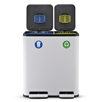 Simpli-Magic 18.5 Gallon (40L x 30L) Dual Compartment Step Trash Can – Kitchen Garbage Can with Waste & Recycling Bins – Slow-Close Lid, Odor Control, Hands-Free, White