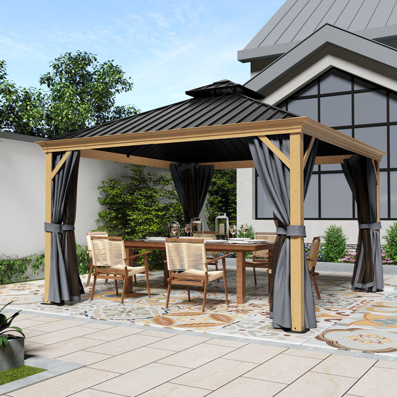 Aluminum Patio Gazebo, Black, Natural Wood Grain, 12' W x 12' D