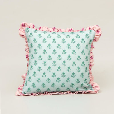 Mint Blossom Ruffle Throw Pillow with Polyester Insert | Floral Cotton Decorative Pillow, 18" x 18"