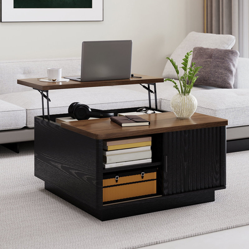 Lift Top Coffee Table, 31" Square Center Table With Sliding Door, Space-Saving Fluted Coffee Desk With Hidden Storage Compartment And Shelf, For Living Room, Home Office