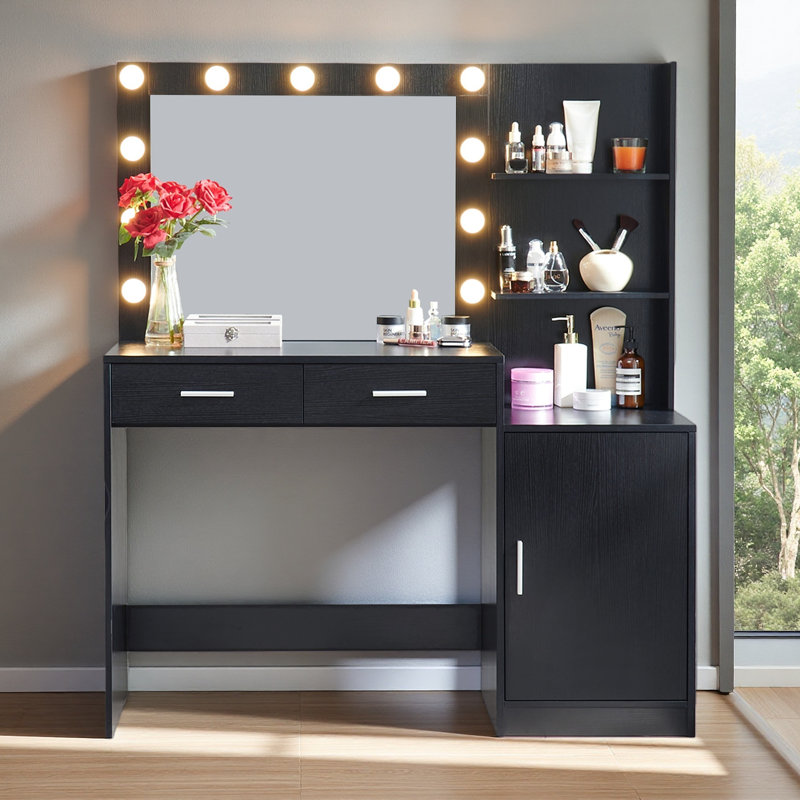 Bureau de coiffeuse avec miroir et lumières, coiffeuse 46,4 po avec 2 grands tiroirs et grand organisateur vertical, commode à 3 niveaux et 3 modes d'éclairage Luminosité réglable