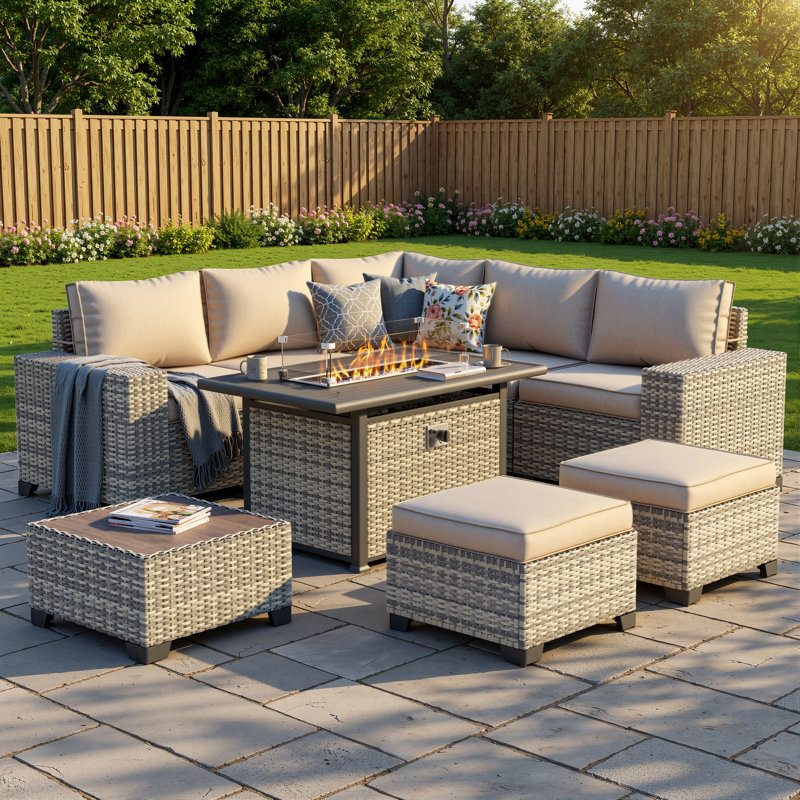 Ensemble de conversation modulaire de patio 9 pièces avec table foyer, canapé sectionnel et deux poufs, Taupe