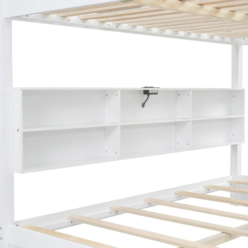 Lit superposé grand sur grand avec armoires de rangement et ports USB, Blanc