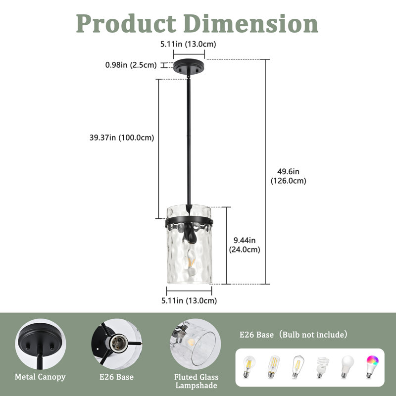 1-Light 5.1"W Medium Glass  Pendant Light for Over Sink , Black