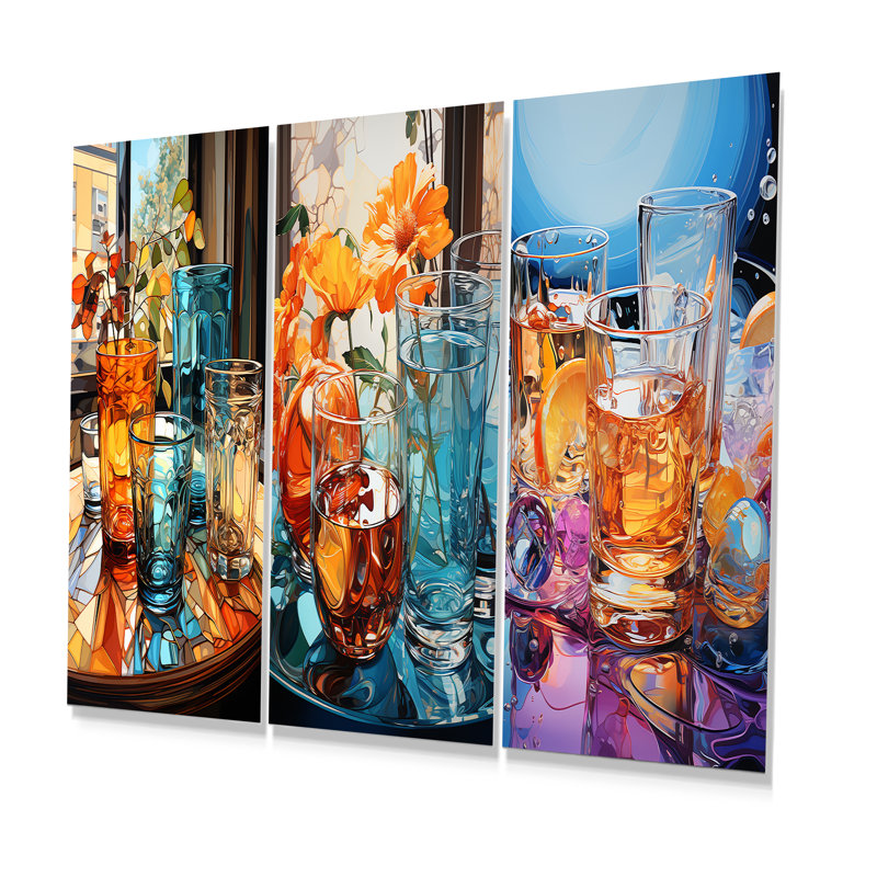 Multicolor Glass Cocktails Harmony - Drinkware Metal Art Print Set Of 3, 32" H x 48" W